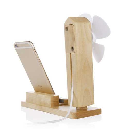 SEENDA IPS-Z10 Wood Charging Phone Stand USB Holder with USB Mini Fan for iPhone Samsung Xiaomi