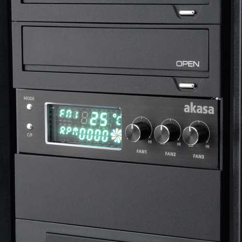 Akasa AK-FC-07BK VFD Display 5.25 Inch 3 Channel Fan Controller With Temperature Monitoring Alarm