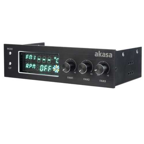 Akasa AK-FC-07BK VFD Display 5.25 Inch 3 Channel Fan Controller With Temperature Monitoring Alarm