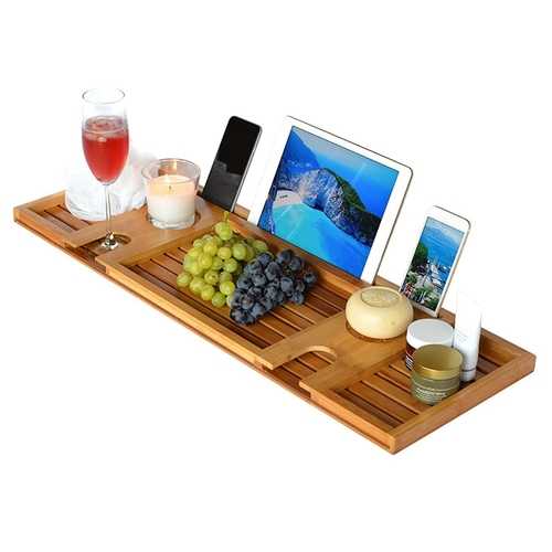 Bamboo Bathtub Caddy Tray with Reading Rack/Tablet Holder/Cellphone Tray/Wine Glass Holder