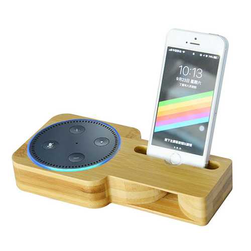 Convenient Bamboo Charging Phone Holder Desktop Stand for Echo Dot Smart Speaker