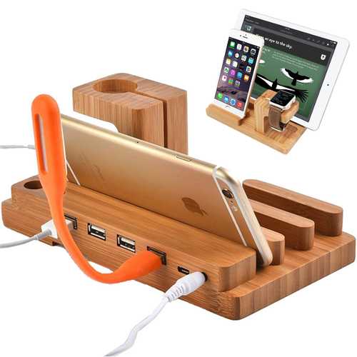 Multifunctional Bamboo USB Charging Dock Phone Tablet Holder Mount for Apple Watch