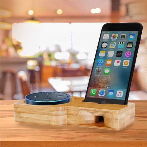 2 in 1 Bamboo Wood Phone Stand Charging Speaker Holder Bracket for Amazon Echo Plus Echo Dot Speaker