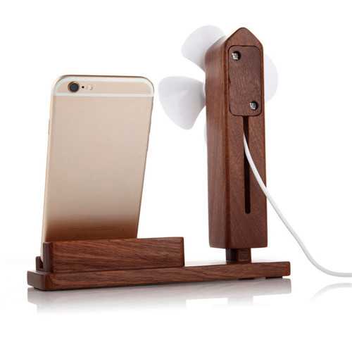 Wooden 2 in 1 USB Cooling Fan Desktop Charging Dock Phone Holder Stand for Xiaomi Mobile Phone