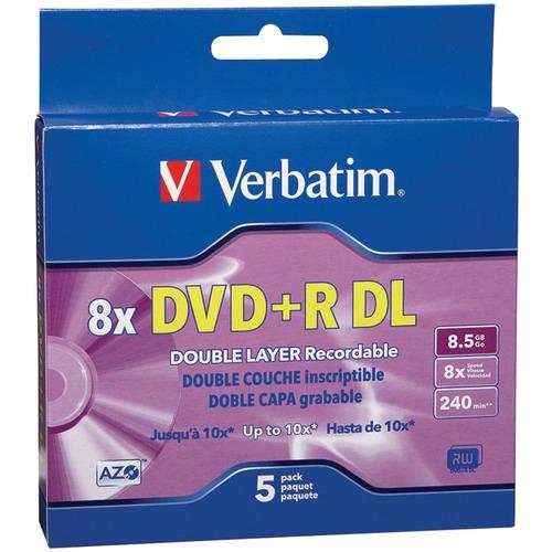 Verbatim(R) 95311 8.5GB 8x Branded AZO DVD+R DLs, 5 pk with Slim Cases